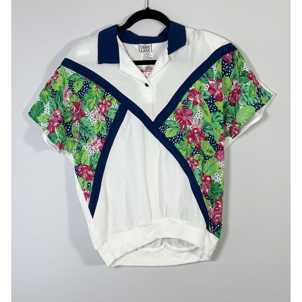 NWT Vintage 80s Top Windbreaker Pullover Tropical Floral Resort Sports Tennis L